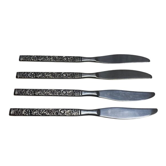 Set Of 4 Floral Handle Stainless Steel Butter Hand Forged Finesse Korea Vintage - Picture 1 of 5